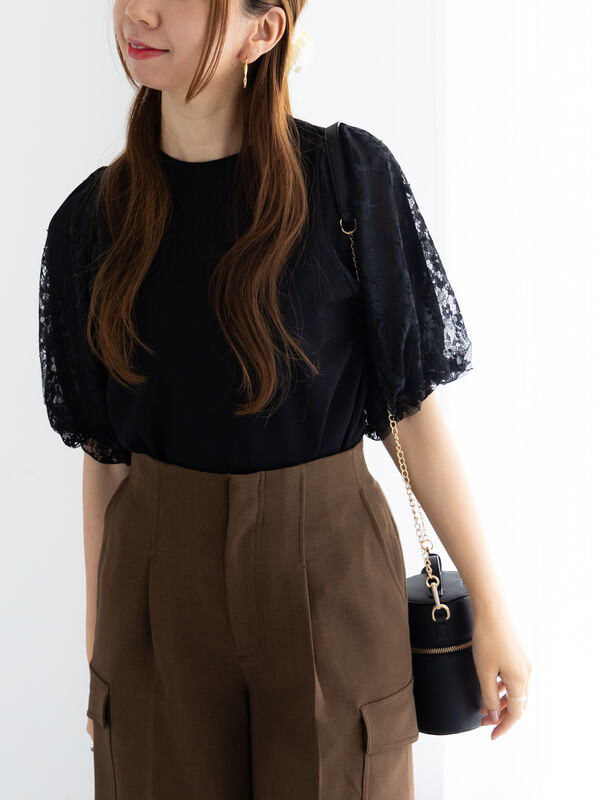 セール】 レースバルーンスリーブニット（オフホワイト/ブラック