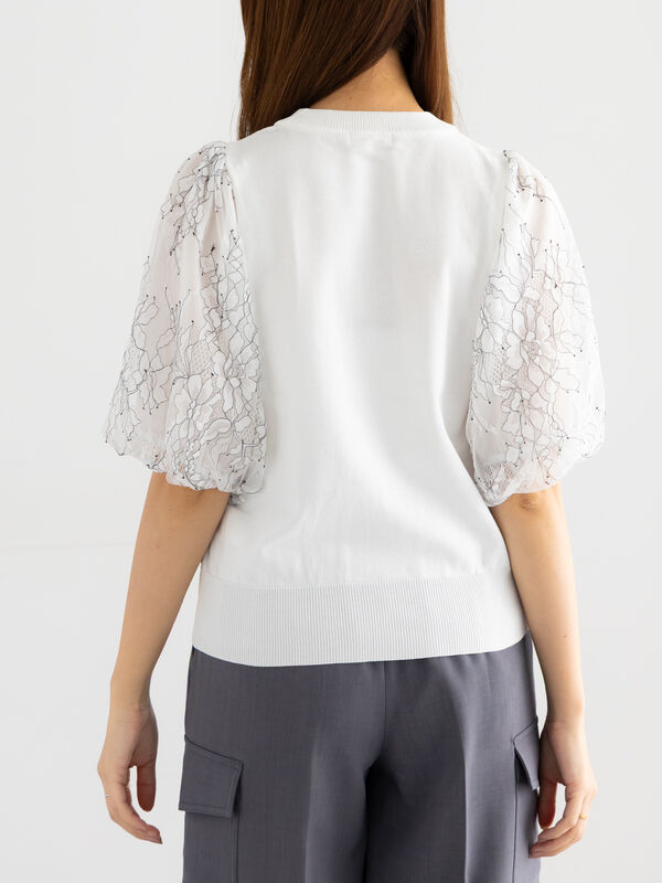 セール】 レースバルーンスリーブニット（オフホワイト/ブラック