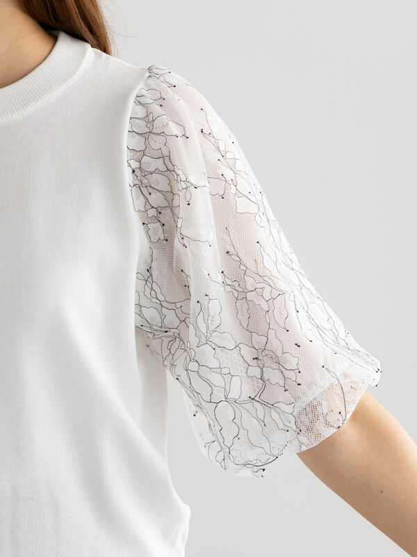 セール】 レースバルーンスリーブニット（オフホワイト/ブラック