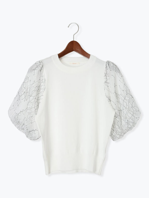セール】 レースバルーンスリーブニット（オフホワイト/ブラック