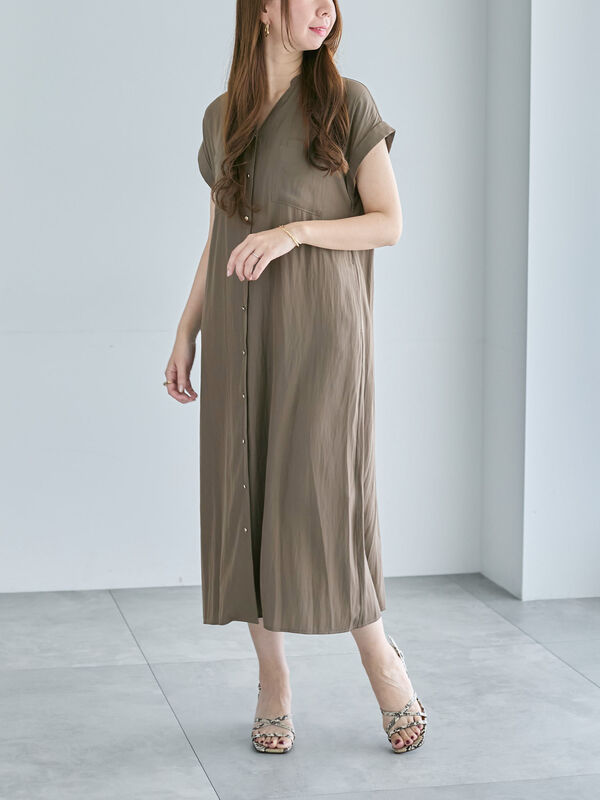 セール】 Wポケットサテンシャツワンピース（ベージュ/ブラウン