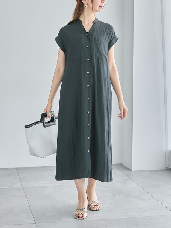 セール】 Wポケットサテンシャツワンピース（ベージュ/ブラウン