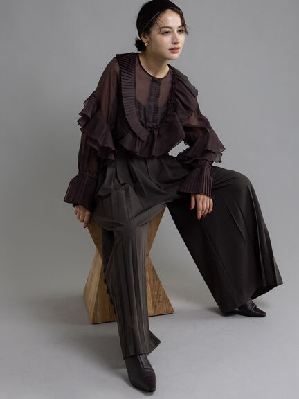 【Atelier plier】サイドプリーツワイドパンツ《2025Autumn catalog item》（ブラウン）｜Te chichi（テチチ）通販
