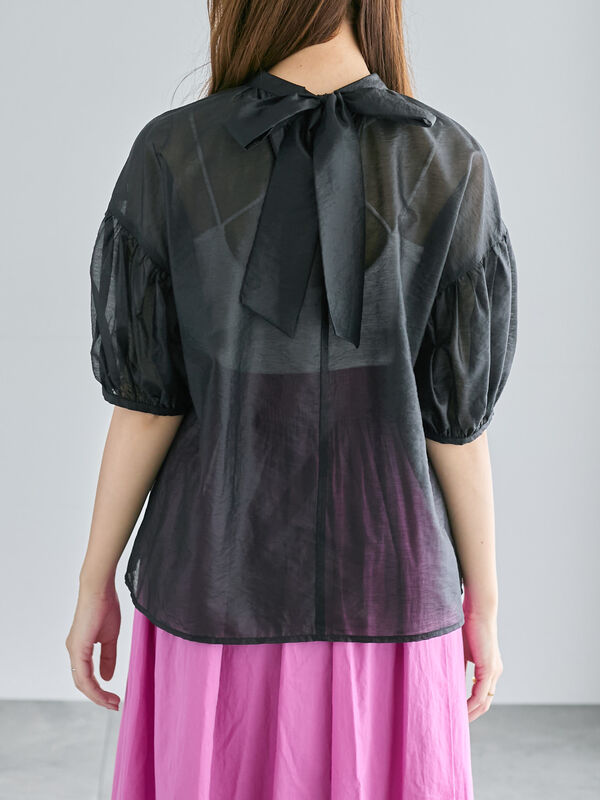 セール】 レザーライクバックリボンブラウス（ブラック/ブラウン