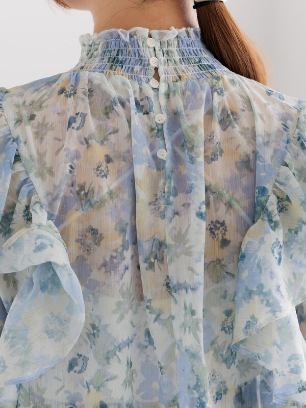 セール】 フラワーパターンシアーフリルブラウス（カーキ/ブルー