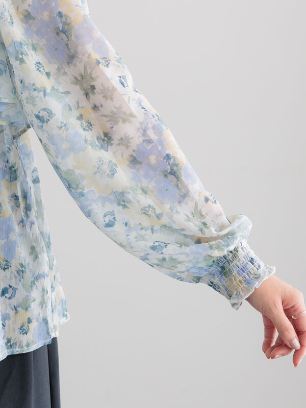 セール】 フラワーパターンシアーフリルブラウス（カーキ/ブルー