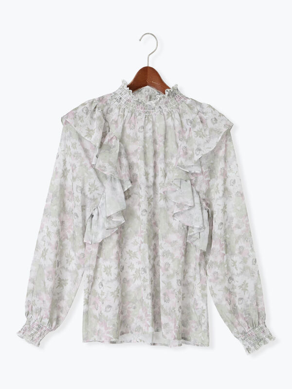 セール】 フラワーパターンシアーフリルブラウス（カーキ/ブルー