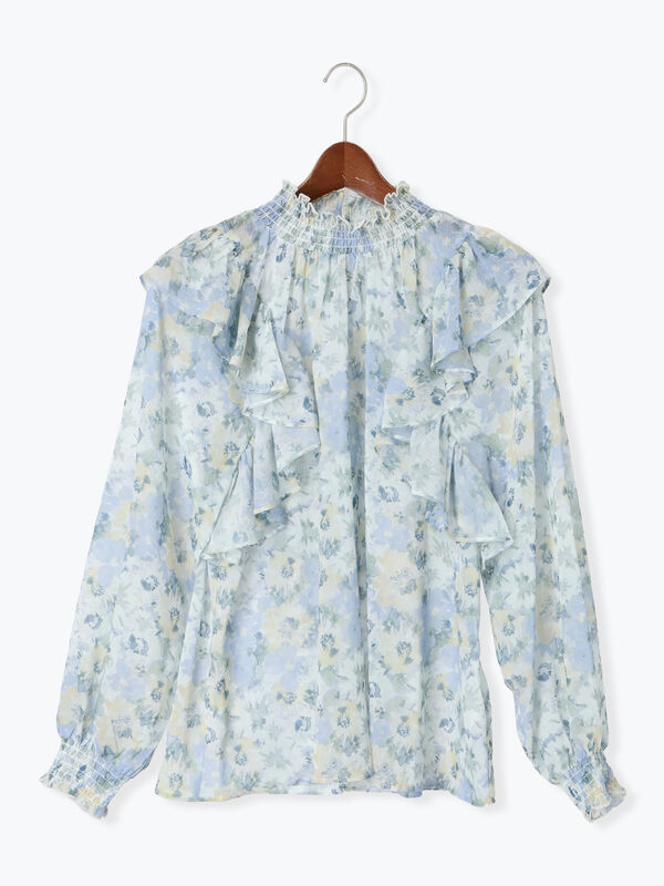 セール】 フラワーパターンシアーフリルブラウス（カーキ/ブルー