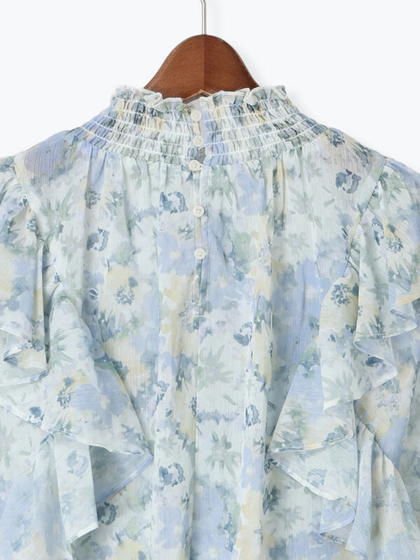 セール】 フラワーパターンシアーフリルブラウス（カーキ/ブルー