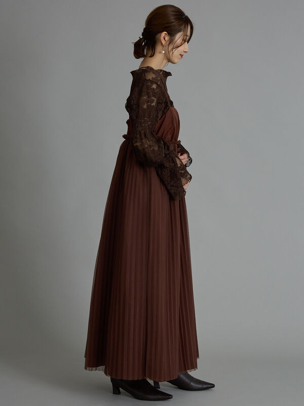 セール】 【Atelier plier】シアープリーツコンビドレス（ブラウン