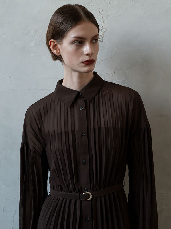 セール】 【Atelier plier】プリーツシャツカラーワンピース