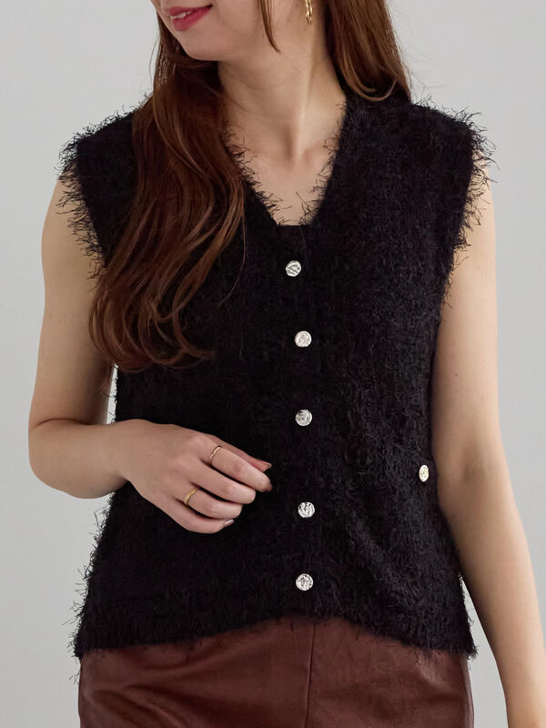 セール】 金釦ポケットシャギーニットベスト（オフホワイト