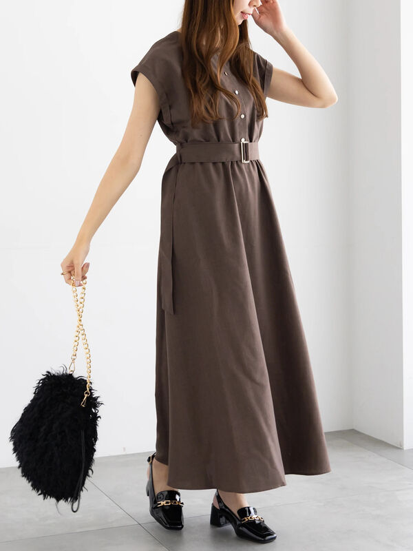 セール】 リネンライクウエストマークワンピース（ブラウン/グリーン