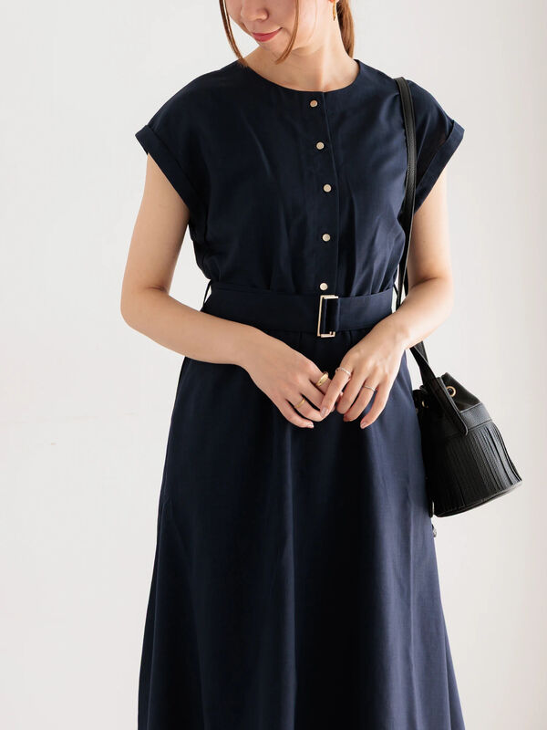 セール】 リネンライクウエストマークワンピース（ブラウン/グリーン