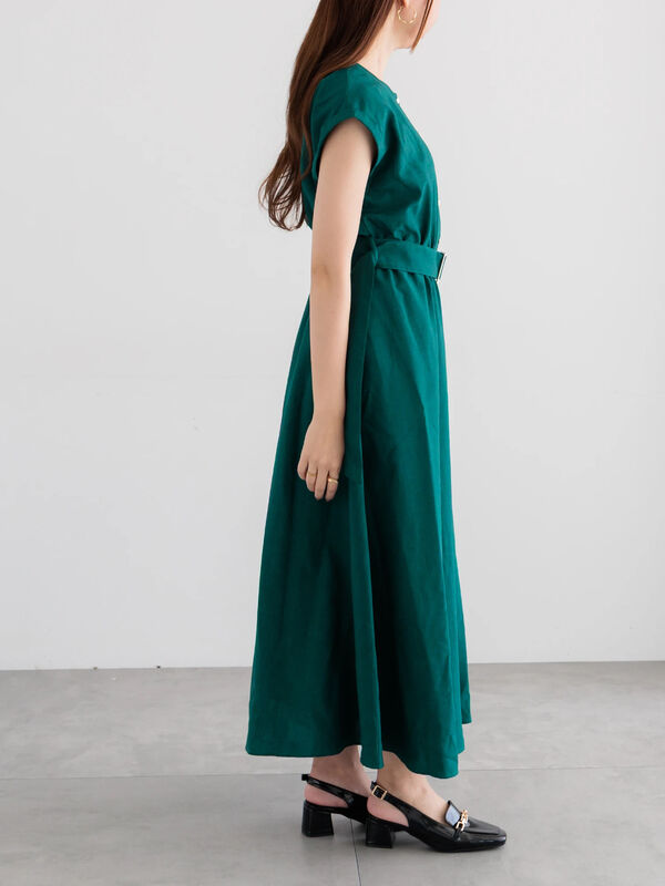 セール】 リネンライクウエストマークワンピース（ブラウン/グリーン