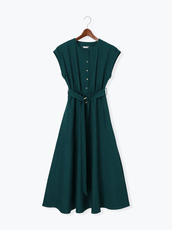 セール】 リネンライクウエストマークワンピース（ブラウン/グリーン