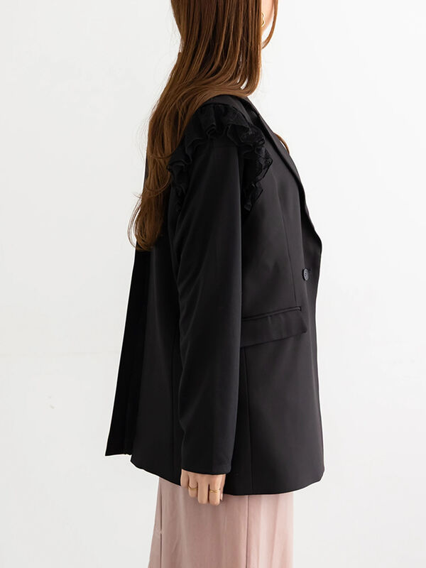 セール】 レースドッキングテーラードジレ（ブラック/ダークブラウン