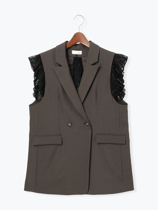 セール】 レースドッキングテーラードジレ（ブラック/ダークブラウン