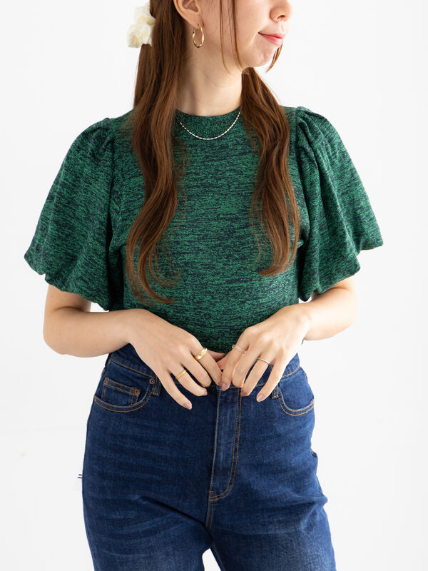 セール】 バルーンスリーブメランジニット（グレー/グリーン