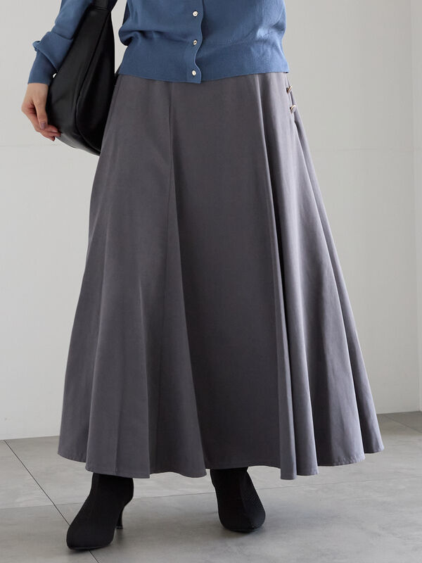 セール】 サイドボタンピーチフレアスカート（グレー/グリーン