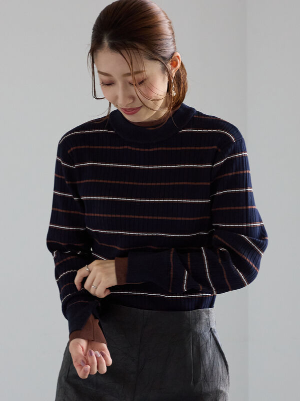 セール】 配色レイヤードリブニットプルオーバー（グレー/ブラウン