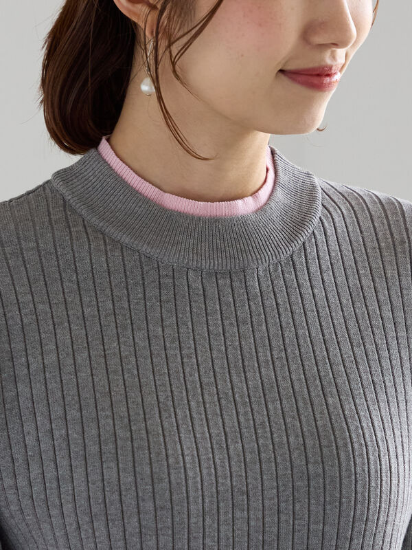 セール】 配色レイヤードリブニットプルオーバー（グレー/ブラウン