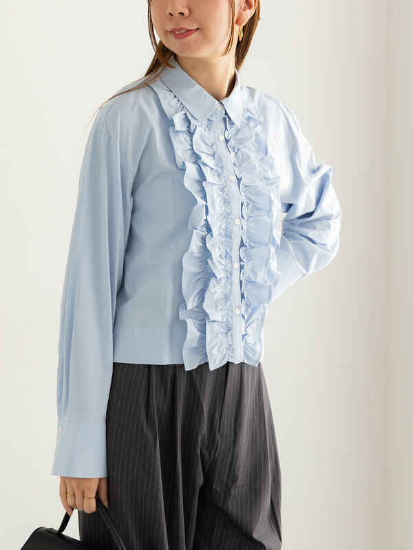 フリルクロップトシャツ（オフホワイト/サックスブルー/トップス