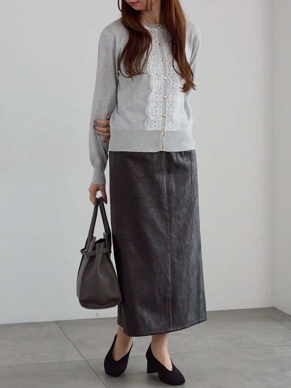 セール】 フロントレースクルーネックカーディガン（グレー/ブラック