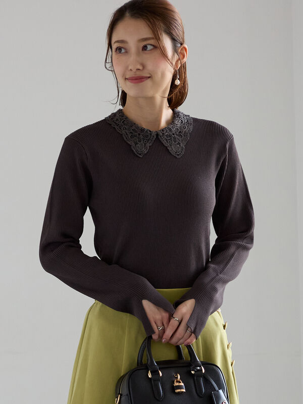 セール】 ケミカルレースカラーリブニット（チャコールグレー/グリーン