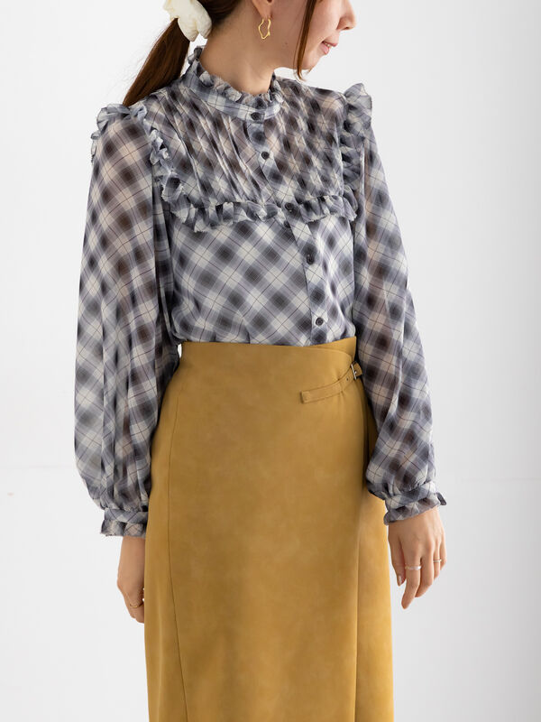 セール】 パターンアソートシフォンフリルブラウス（グレー/ブラック