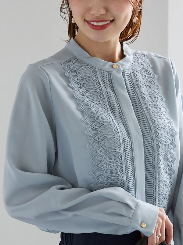 SHISHIKUI レース 長袖トップス ブルーグレー セール】 フロントレースブラウス（グレー/ブルー/ネイビー/トップス