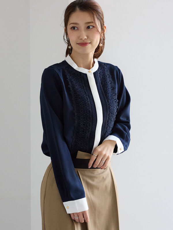 セール】 フロントレースブラウス（グレー/ブルー/ネイビー/トップス