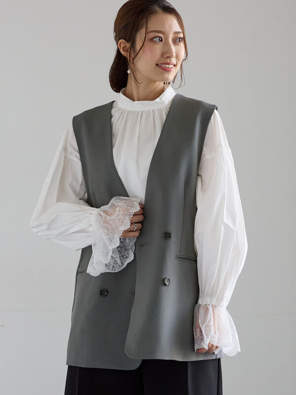 セール】 ノーカラーダブルブレストジレ（グレー/ブラウン/アウター