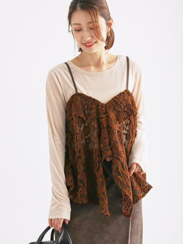 ベロアレースキャミソール（ブラック/ブラウン/トップス