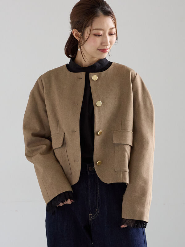 スタイルデリ　軽量ノーカラージャケット　ダークベージュ　新品未使用タグ付　洗える セール】 コンパクトノーカラージャケット（ブラック/ベージュ