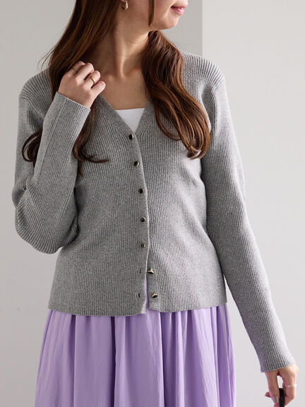 ウェーブメタル釦Vネックリブカーディガン（シルバー/レッド/ネイビー/ブロンズ）｜Te chichi（テチチ）通販