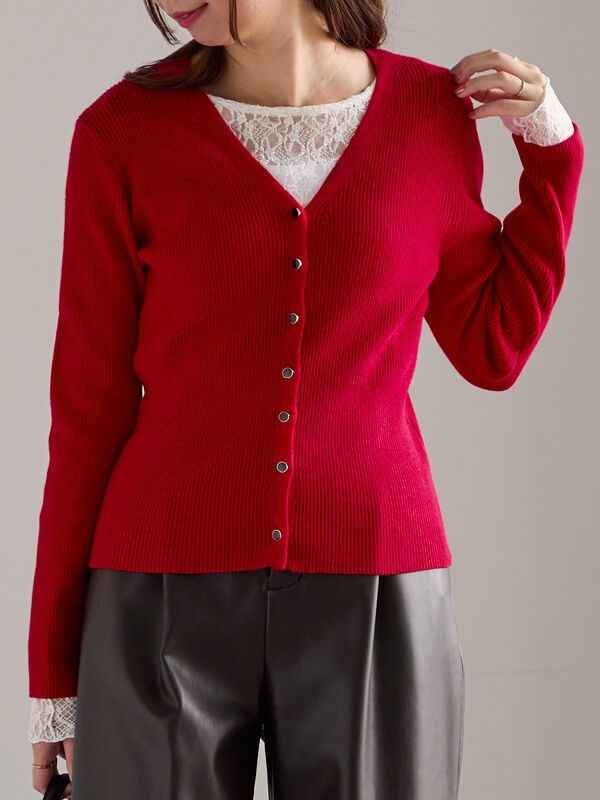 セール】 ウェーブメタル釦Vネックリブカーディガン（シルバー/レッド