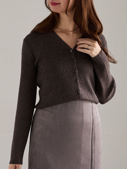 ウェーブメタル釦Vネックリブカーディガン（シルバー/レッド/ネイビー/ブロンズ）｜Te chichi（テチチ）通販