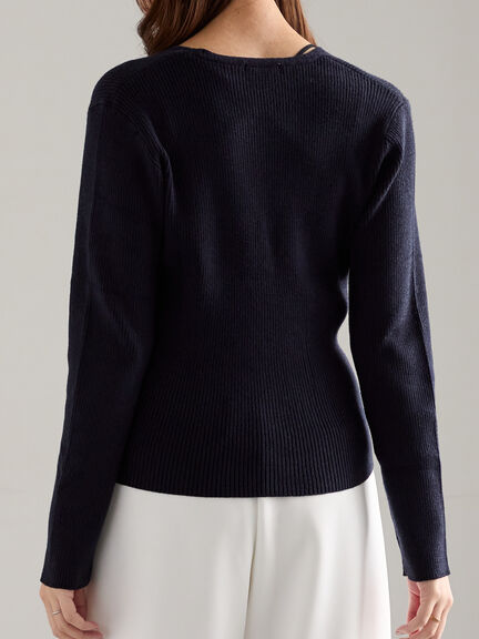 ウェーブメタル釦Vネックリブカーディガン（シルバー/レッド/ネイビー/ブロンズ）｜Te chichi（テチチ）通販