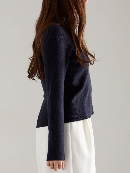 ウェーブメタル釦Vネックリブカーディガン（シルバー/レッド/ネイビー/ブロンズ）｜Te chichi（テチチ）通販