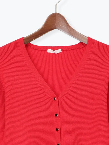 ウェーブメタル釦Vネックリブカーディガン（シルバー/レッド/ネイビー/ブロンズ）｜Te chichi（テチチ）通販