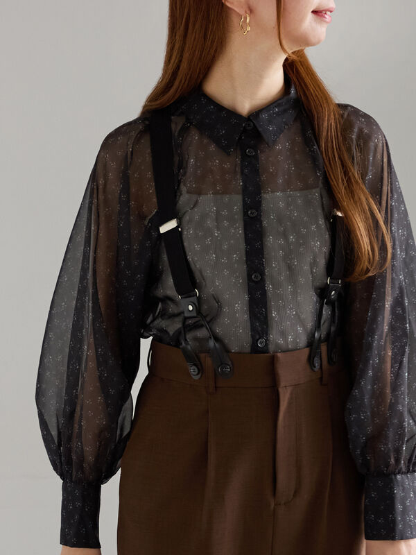 セール】 シアーフラワーボリュームスリーブブラウス（ブラック