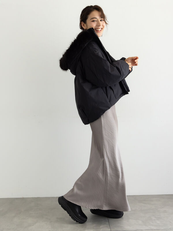 宮本茉由着用】フードショートダウンジャケット（ブラック/カーキ/S