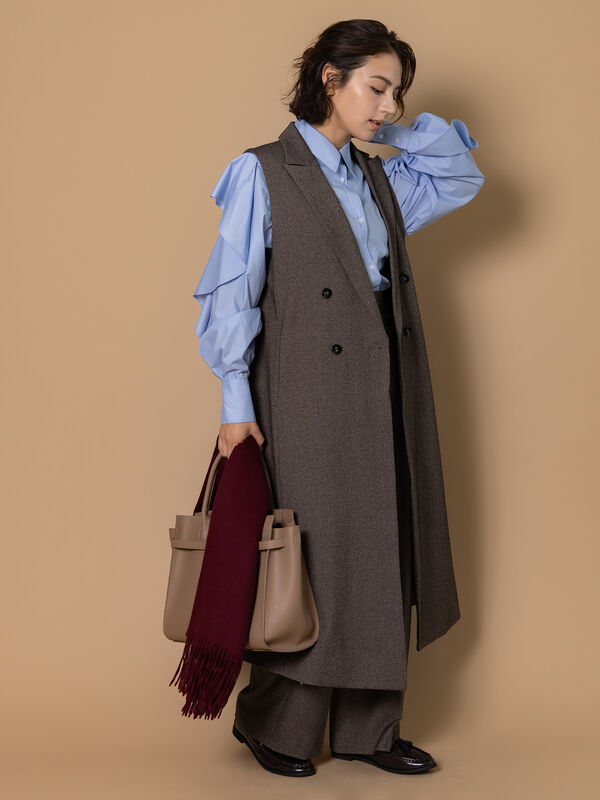 ツイードロングジレ（セットアップ可）（ベージュ/ブラウン/アウター