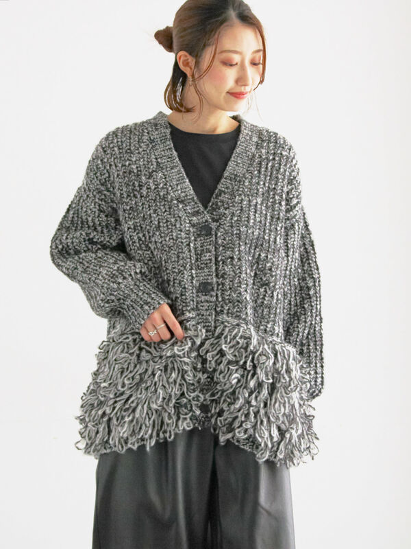 セール】 ループ編みVネックミドルカーディガン（グレー/トップス