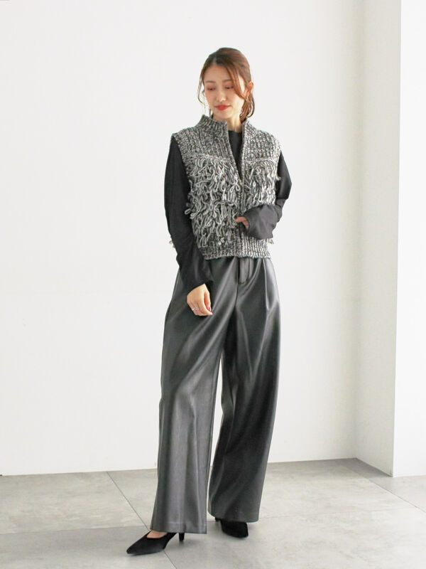 ループ編みコンパクトジップベスト（グレー/トップス/ニット・セーター