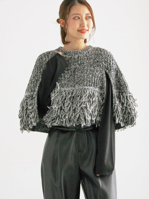 オルゴー　チャコールグレーポンチョ セール】 ループ編みポンチョ（グレー/トップス/ニット・セーター