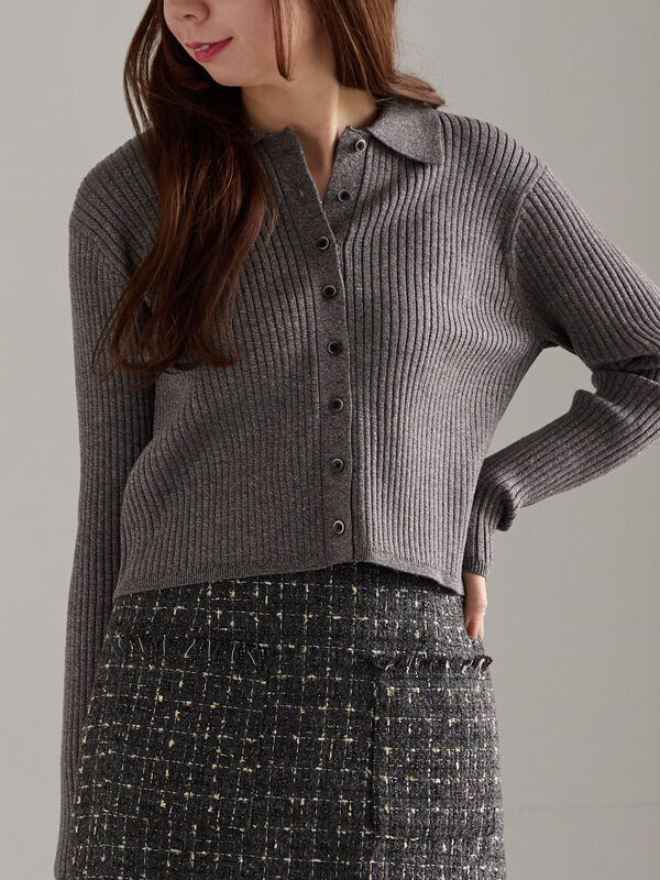 ポロカラークロップトカーディガン（グレー/ブラック/グリーン