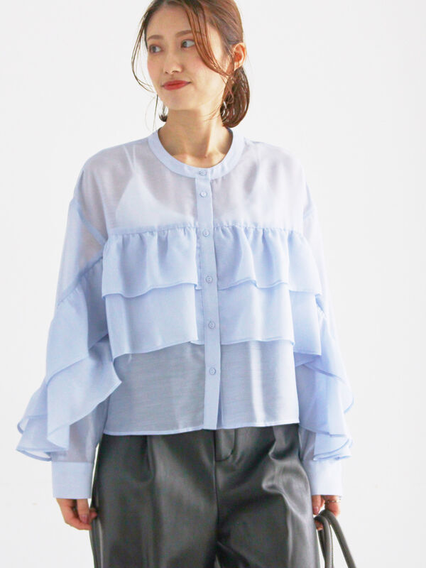 セール】 シアーフリルティアードブラウス（ピンク/サックスブルー