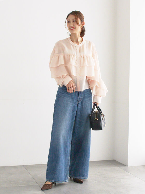 セール】 シアーフリルティアードブラウス（ピンク/サックスブルー